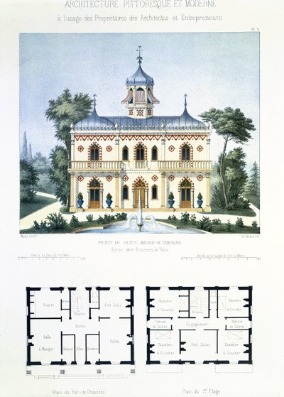Projekt für ein kleines Landhaus in der Nähe von Paris, graviert von Walter, Tafel 5 aus Architektur Pittoresque et Moderne von Marty
